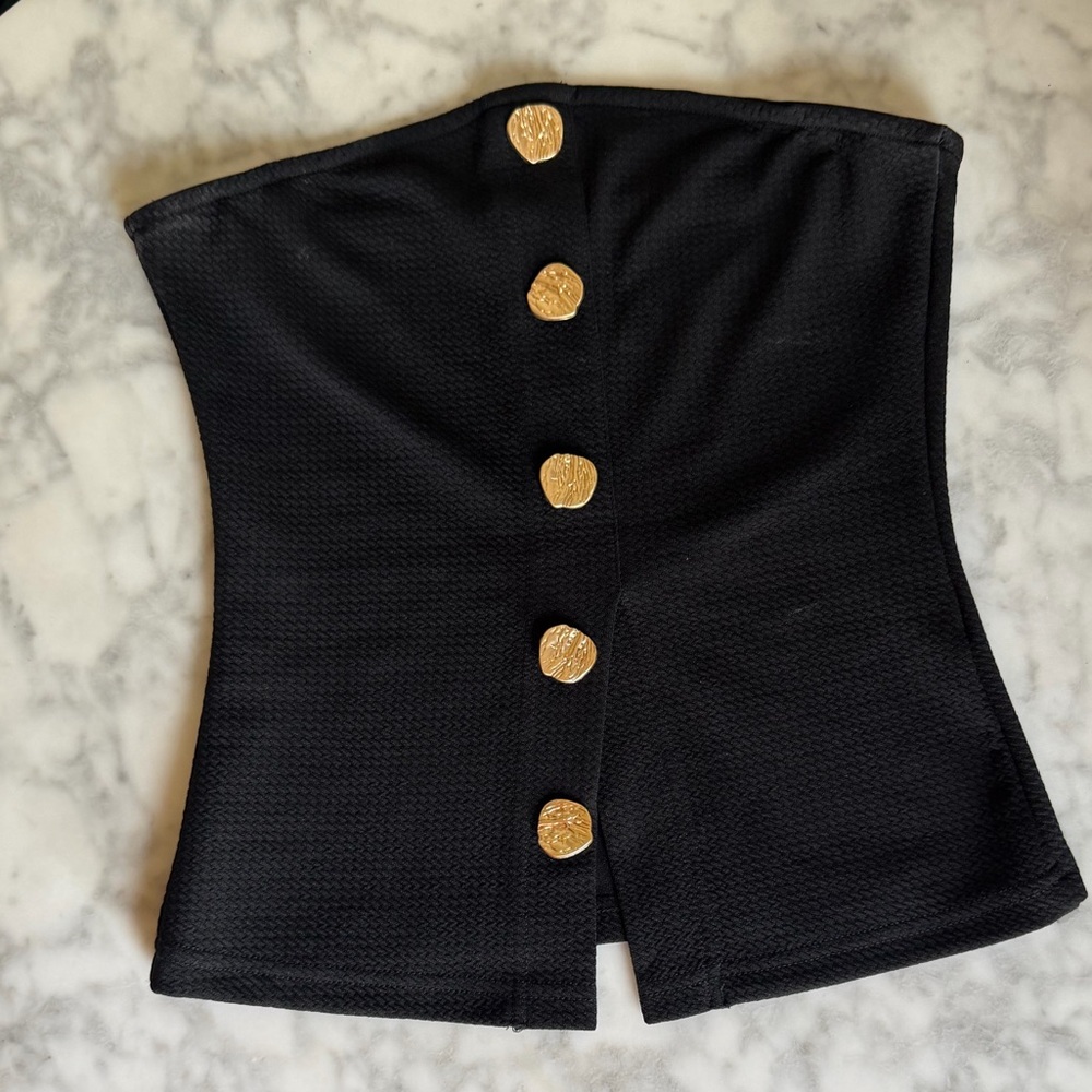 Black Strapless Tube Top with Gold Coin Buttons Summer Capsule Essentials Small